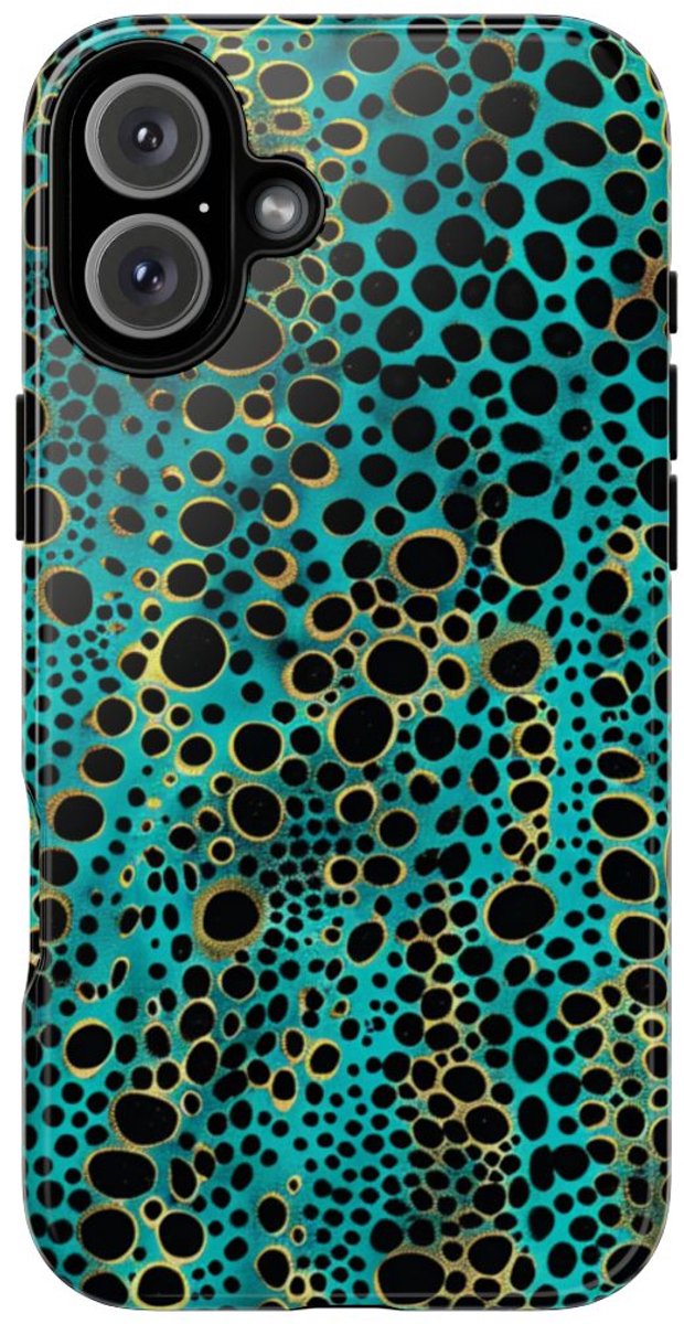 Turquoise en Zwart Abstract Stippenpatroon – Telefoonhoesje Geschikt voor iPhone 16 Plus