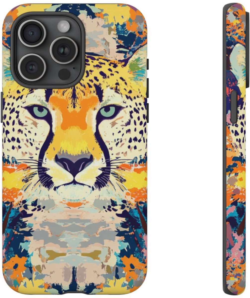 Abstracte Cheetakop met Kleurrijk Patroon – Telefoonhoesje Geschikt voor iPhone 15 Pro Max