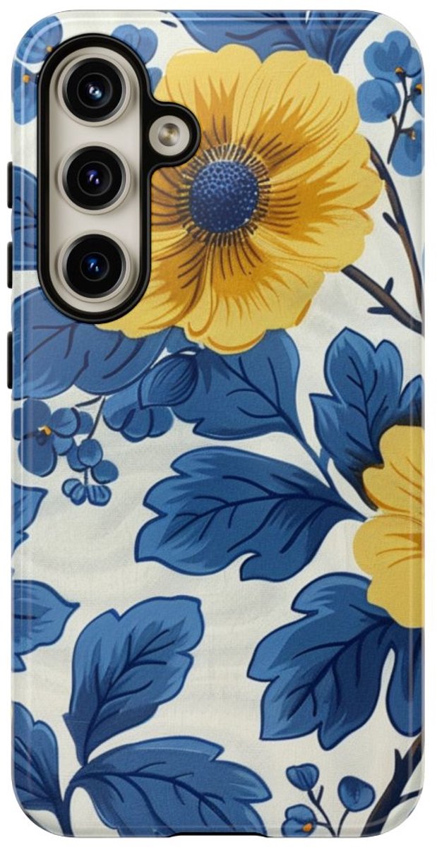 Blauw-Geel Bloemenpatroon – Telefoonhoesje Geschikt voor Samsung Galaxy S24
