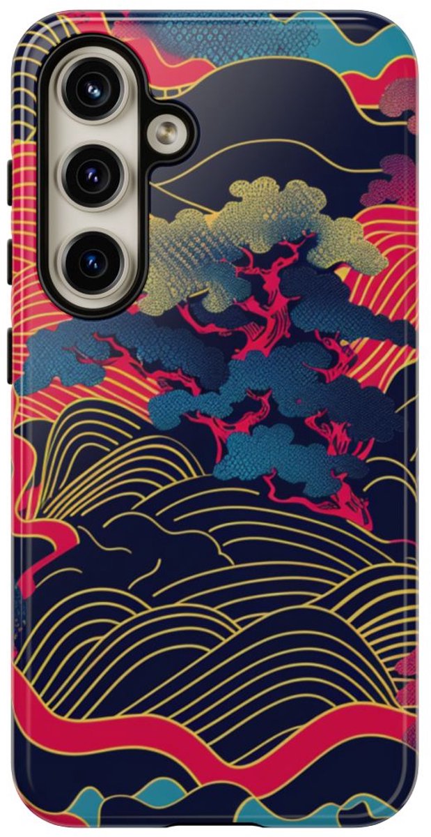 Neon Japanse Landschapspatroon – Telefoonhoesje Geschikt voor Samsung Galaxy S24