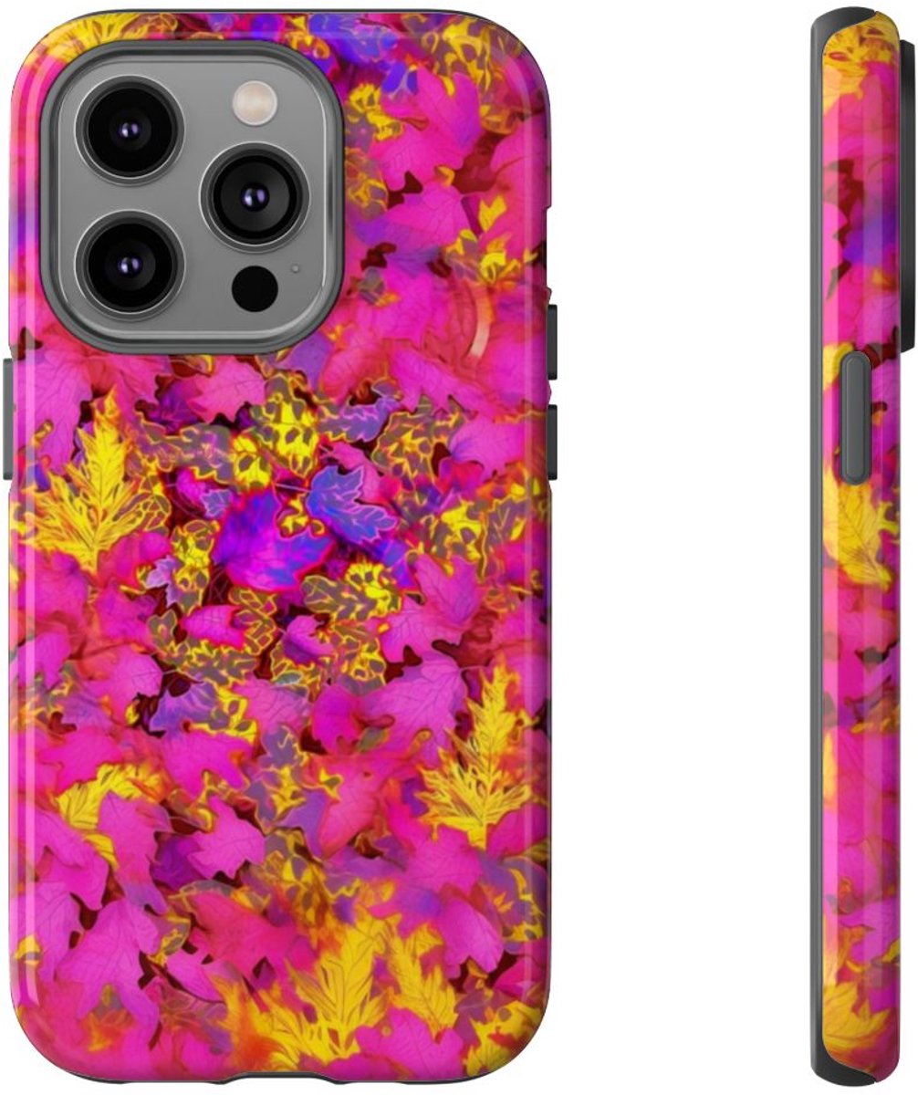 Levendig Roze-Geel Bladerenpatroon – Telefoonhoesje Geschikt voor iPhone 14 Pro
