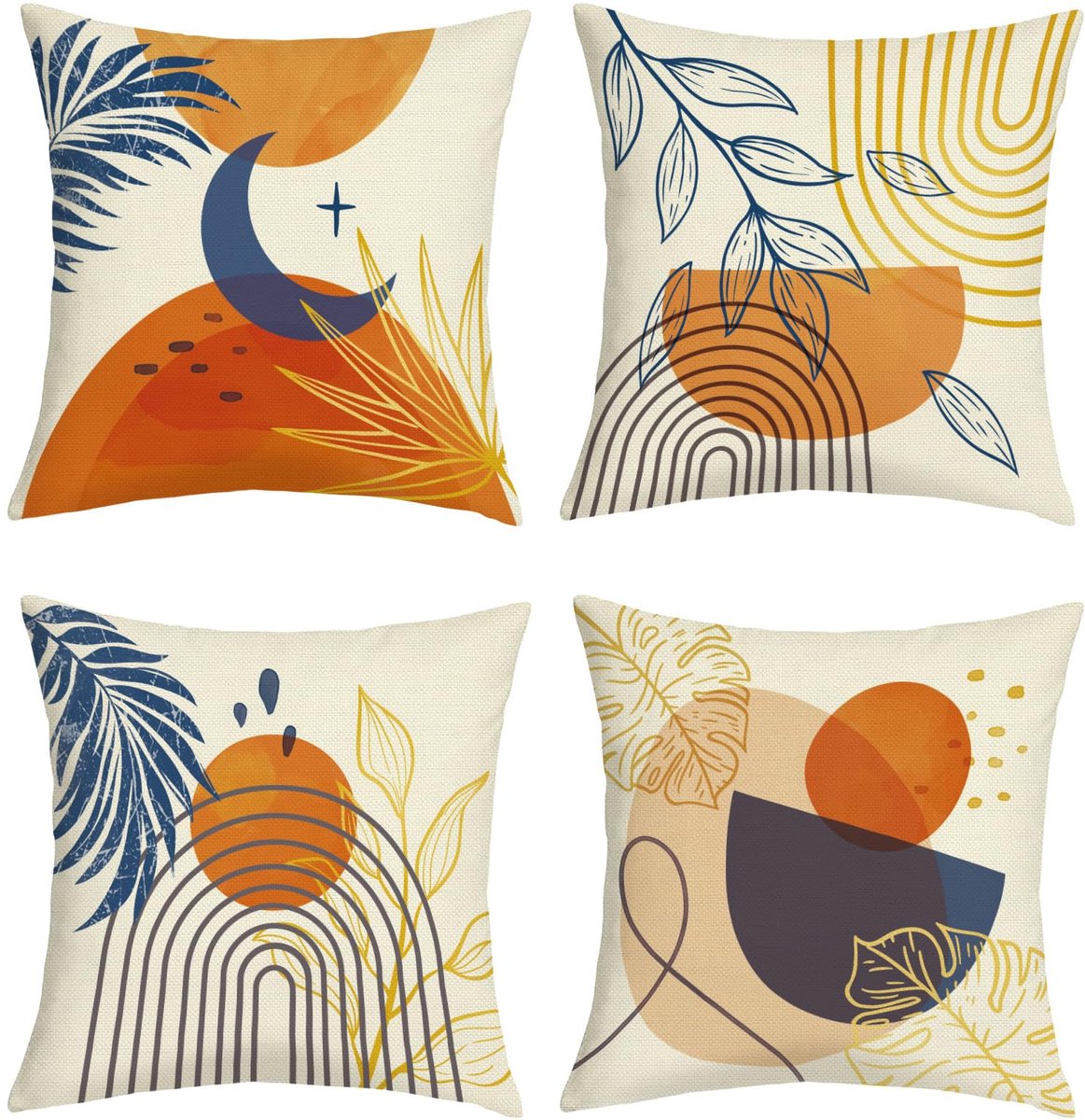 Ibenzoa Set van 4 decoratieve kussenhoezen met abstracte moderne patronen oranje