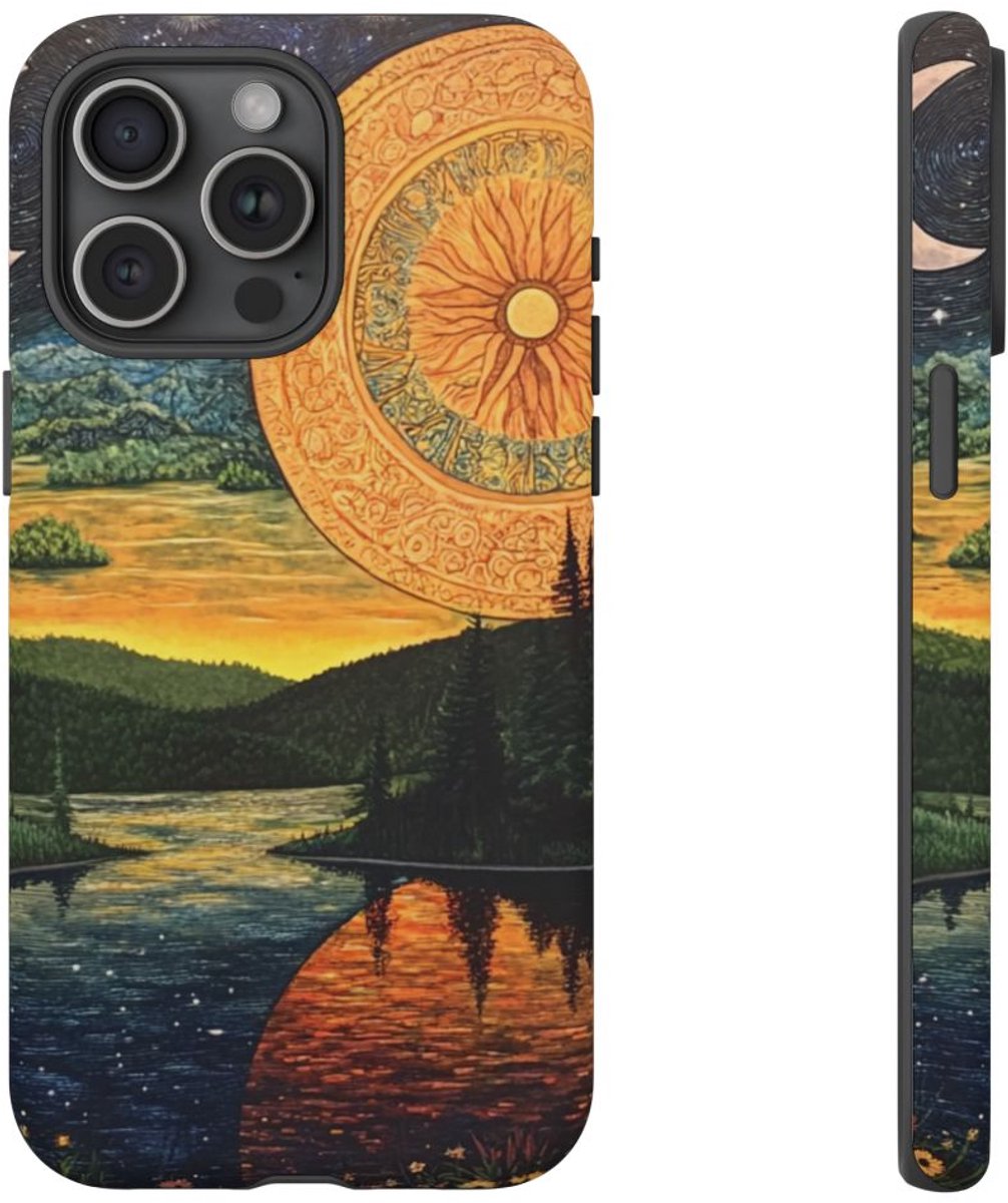 Zon en Maan Landschap – Telefoonhoesje Geschikt voor iPhone 15 Pro Max