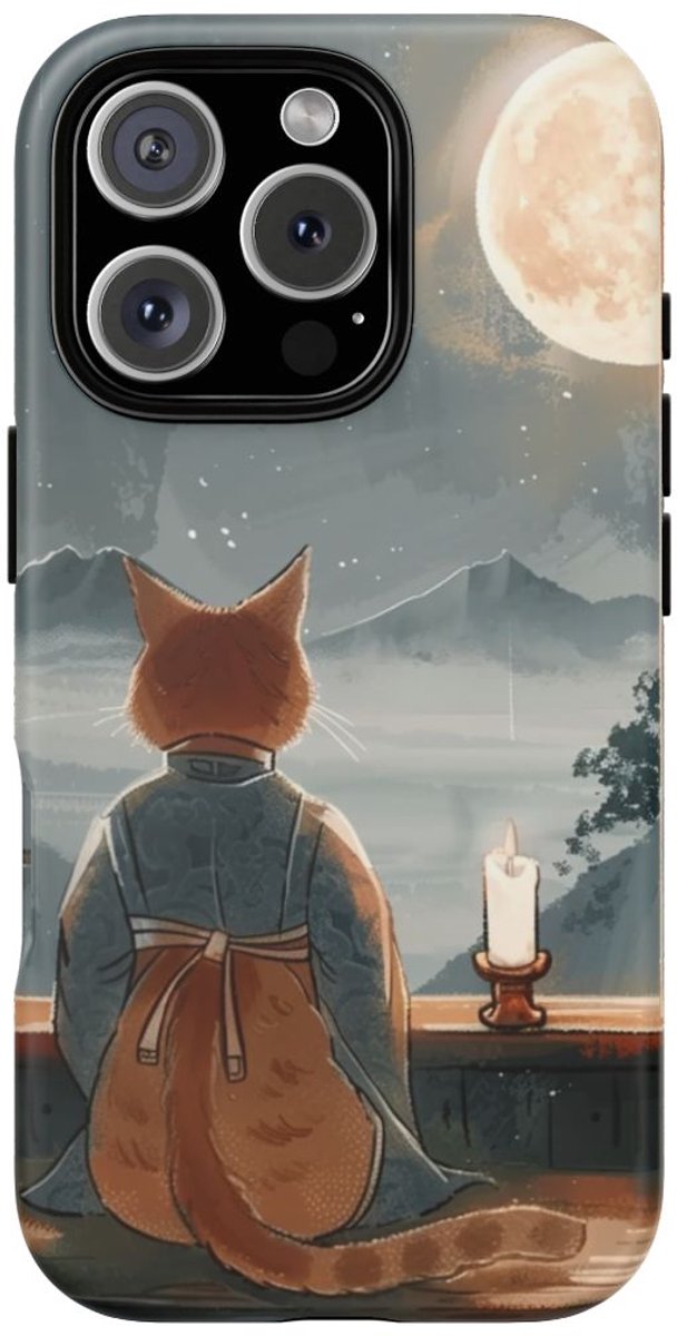 Kat in Traditioneel Gewaad bij Maanlicht – Telefoonhoesje Geschikt voor iPhone 16 Pro