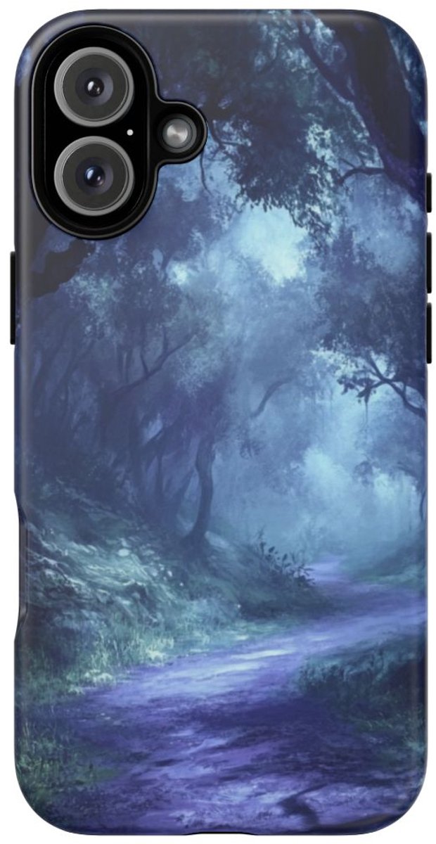 Mysterieuze Boslaan met Nevel – Telefoonhoesje Geschikt voor iPhone 16 Plus