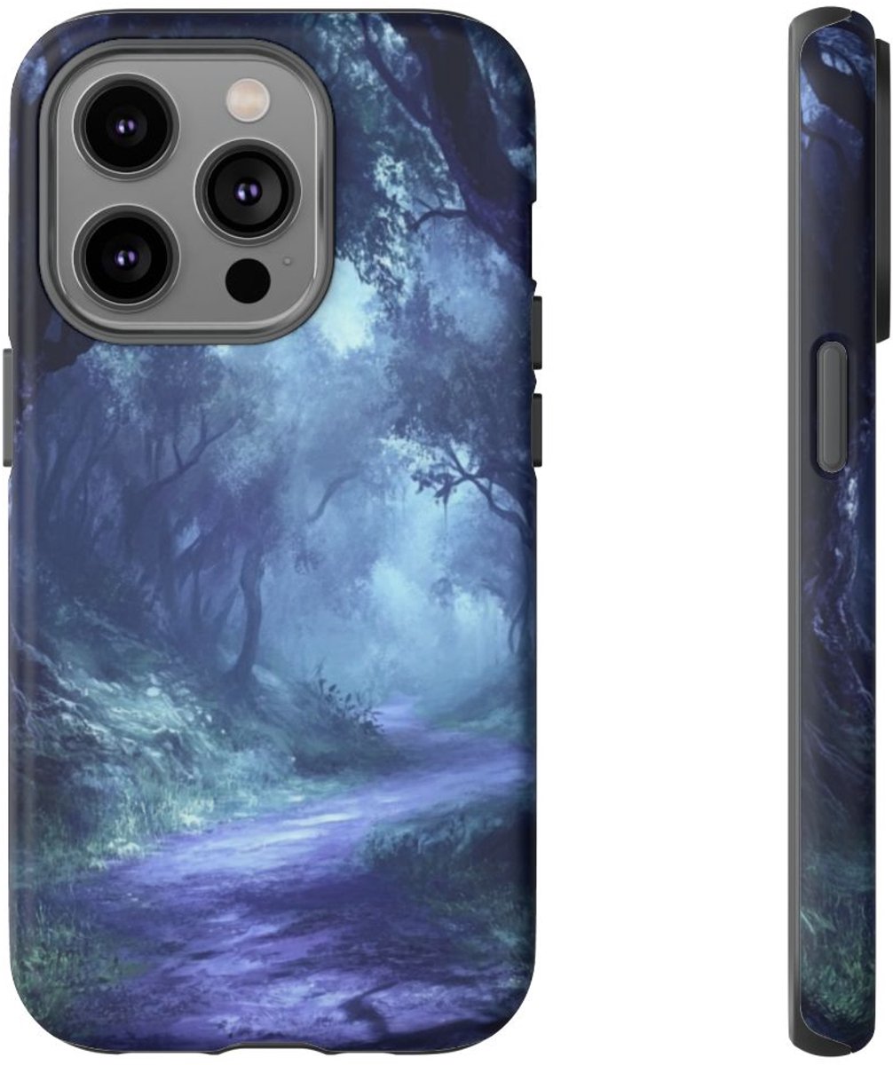 Mysterieuze Mistige Bosroute – Telefoonhoesje Geschikt voor iPhone 14 Pro