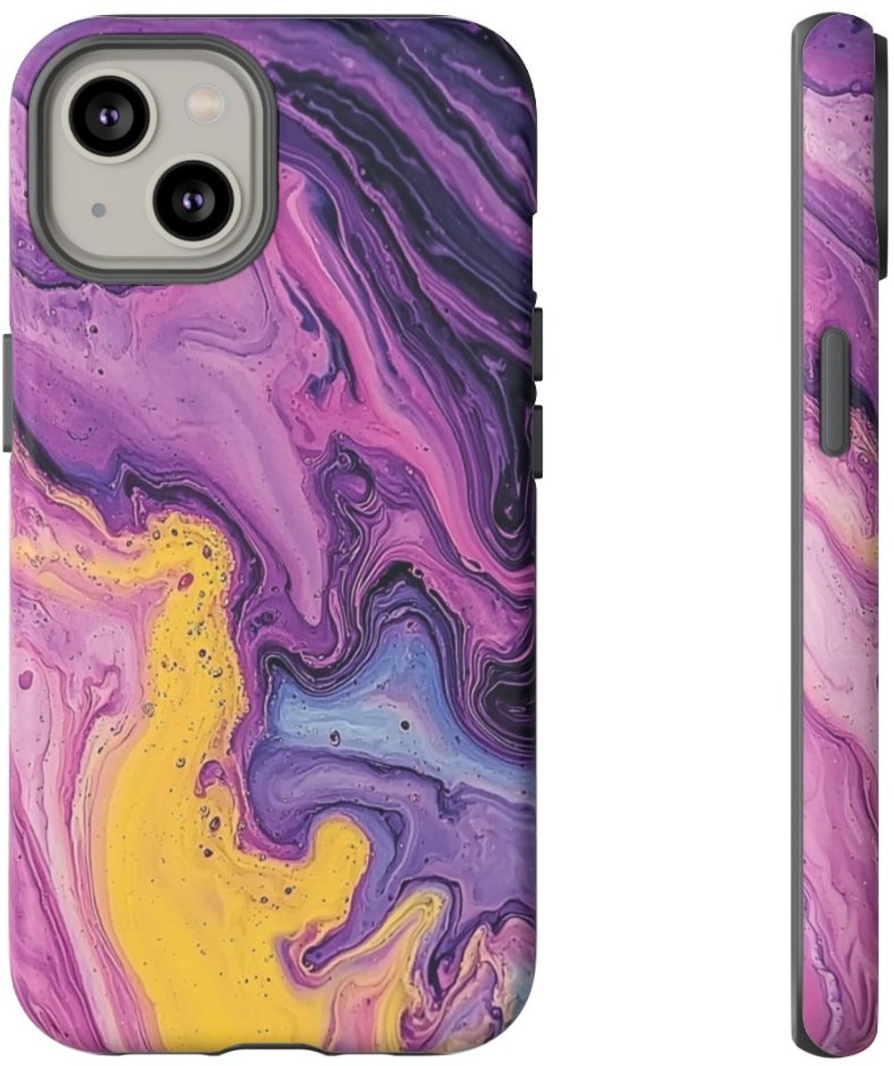 Paars-Geel Abstract Vloeibaar Kunstwerk – Telefoonhoesje Geschikt voor iPhone 14