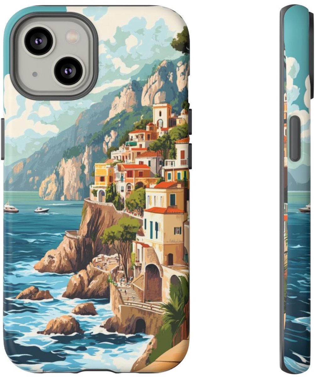 Retro Illustratie van de Amalfikust – Telefoonhoesje Geschikt voor iPhone 14