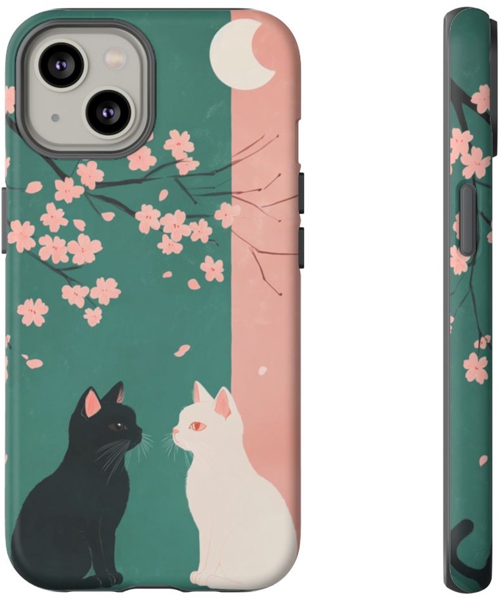Zwarte en witte katten met sakurabloesem – Telefoonhoesje Geschikt voor iPhone 14