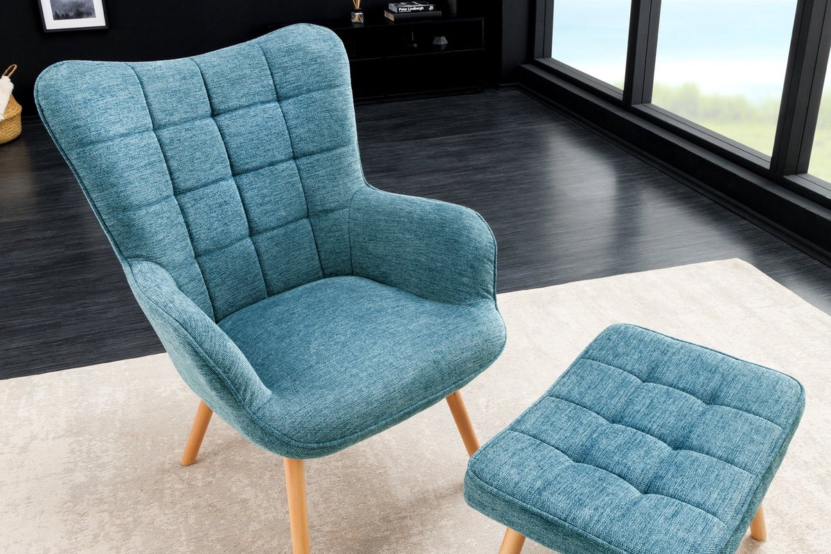 Moderne fauteuil SCANDINAVIA blauw getextureerde massief houten poten met armleuningen - 44024
