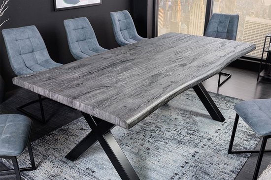 Table à manger industrielle WILD 200 cm, chêne sauvage blanchi gris, bord arbre, pied X noir - 45087