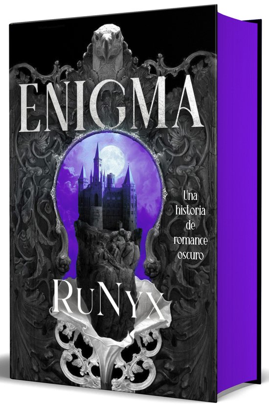 Boekomslag van Enigma met een kasteel op een rots onder een maan en de tekst 'Una historia de romance oscuro' en 'RUNYX'.