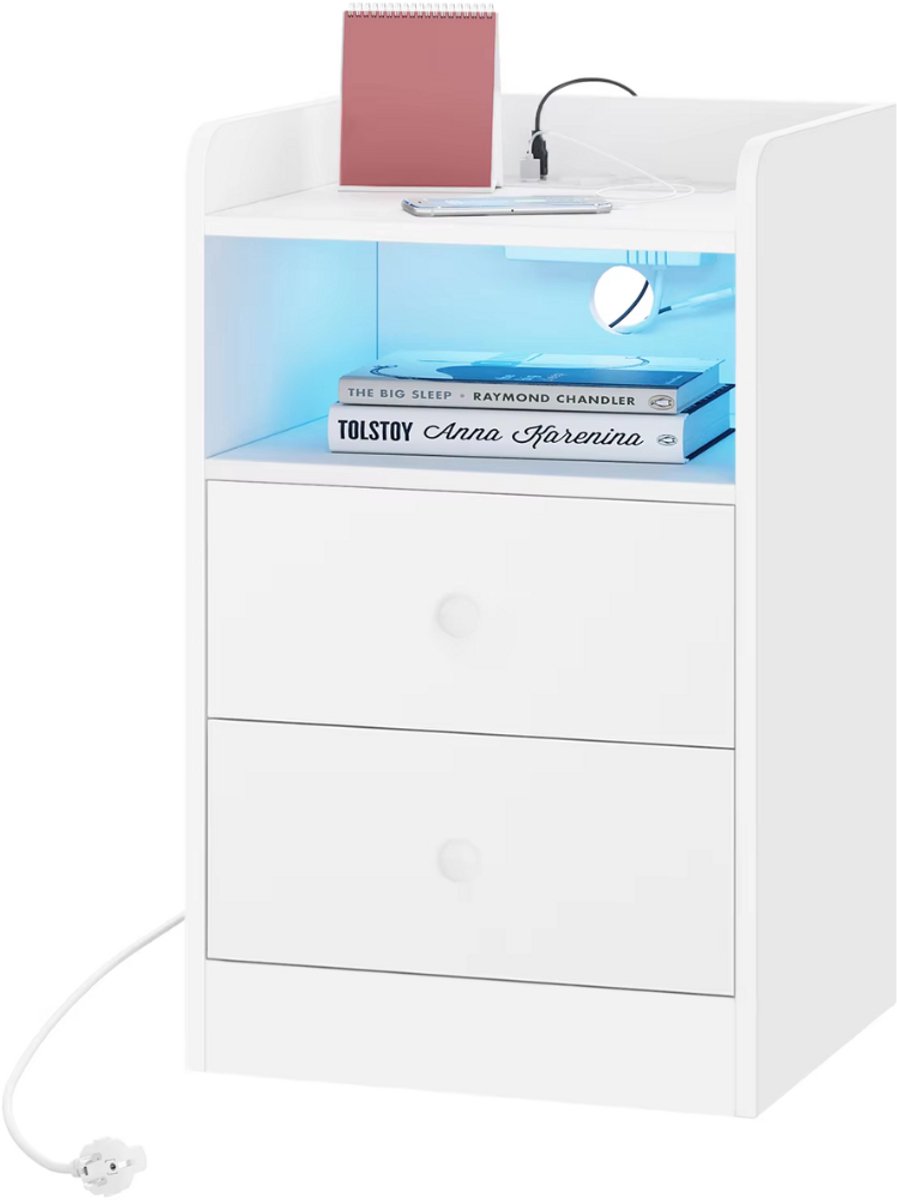 Nachtkast met RGB lichten - Wit - Slaapkamer - Met ingebouwde usb oplaadpoorten - Set van 2