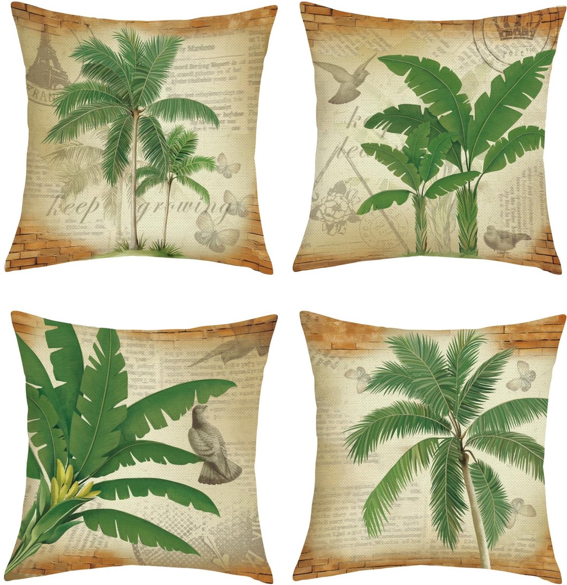 Ibenzoa Kussenhoezen Set van 4 met Tropisch Palm- en Bladerontwerp voor Zomer Decoratie groen bloem