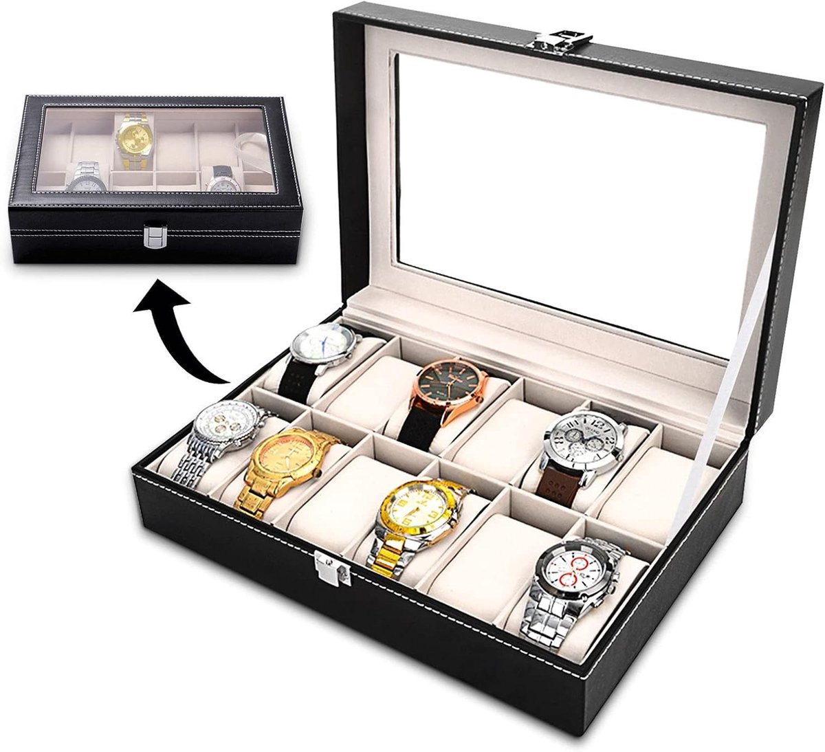 JGS Premium - Horlogebox met Glasdeksel en 12 Vakken voor Sieradenopslag
