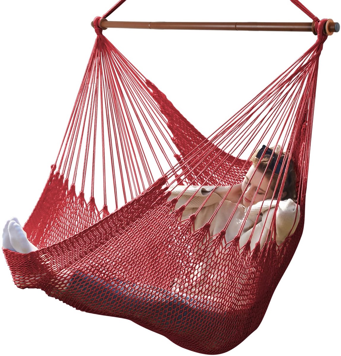 Ibenzoa® Extra Grote Hangstoel met Stalen Spreidstang voor Binnen en Buiten Gebruik, Geschikt tot 150 kg, Handgemaakt in XL Formaat voor Woonkamer, Tuin, Balkon en Terras in Rood