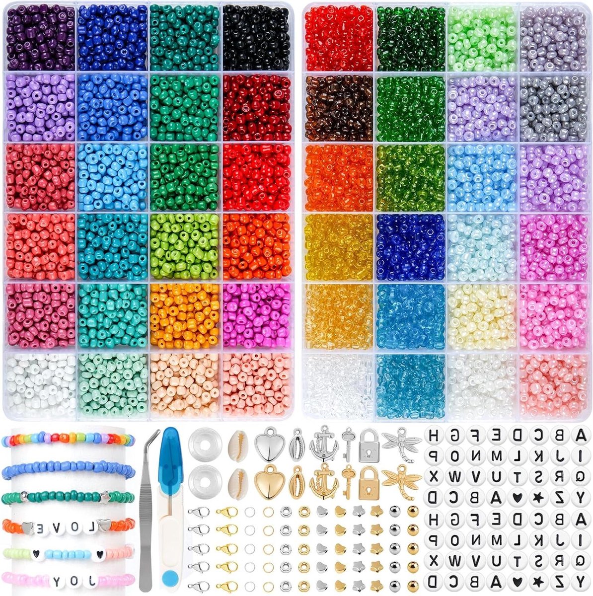 Allecto Premium - Parelarmbanden Set | 48 Kleuren Kralen voor Armbanden | 300 Letters & Bedels | Geschikt voor Kerstcadeau | Voor Kinderen en Volwassenen | Feestelijke Armbanden Set