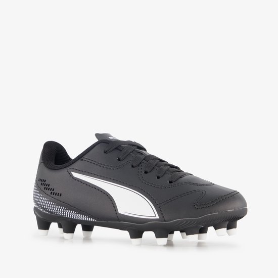 Botte de football junior Puma noire avec bande blanche.