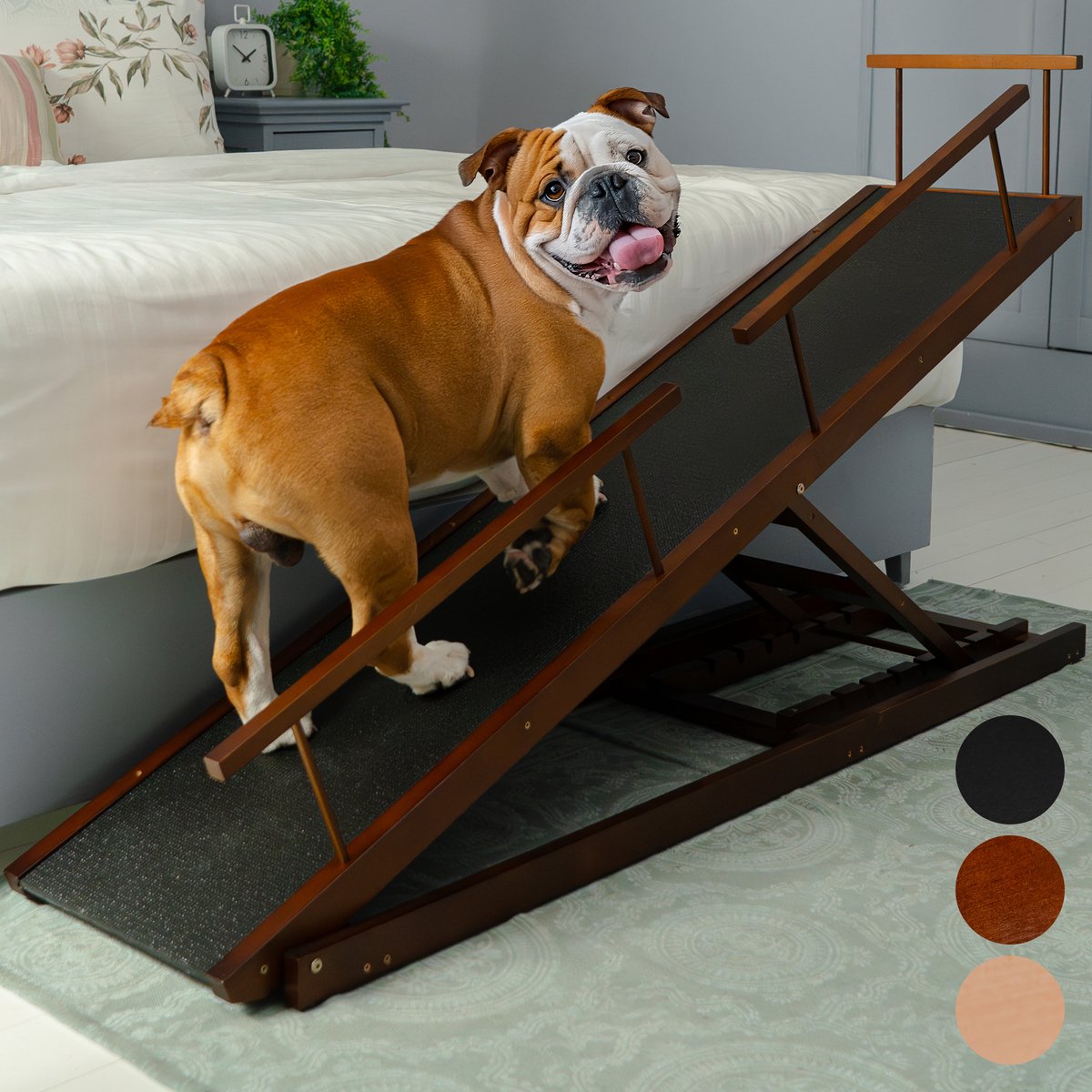 Hondenloopplank voor bed PRIORPET met Veiligheidsrailing - Verstelbare Hondentrap voor bed Berkenhout - Loopplank voor hoge bedden tot 94.5 cm - Anti-slip - Voor kleine honden tot 23kg - Walnoot