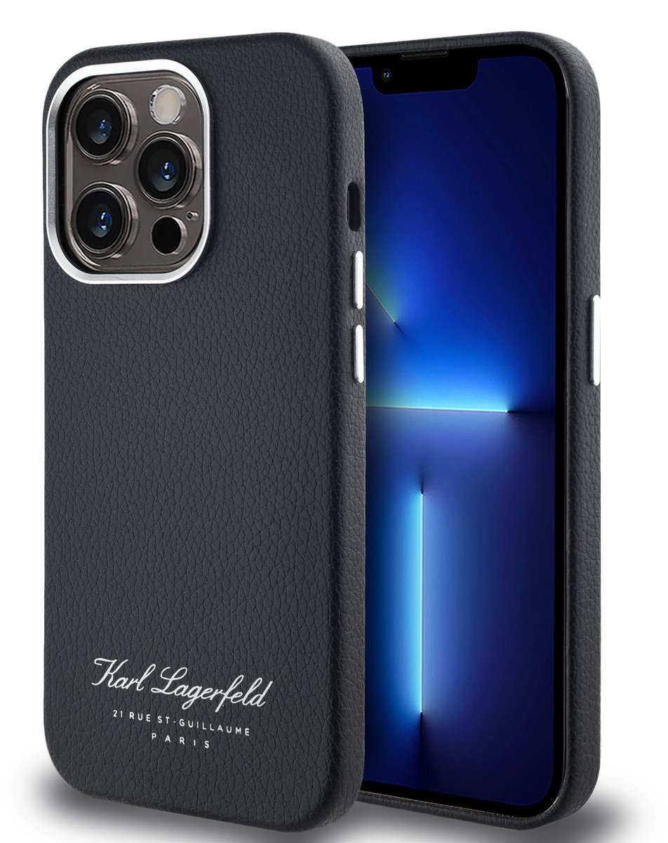 Karl Lagerfeld Backcase hoesje geschikt voor iPhone 14 Pro - Effen Zwart - Leer