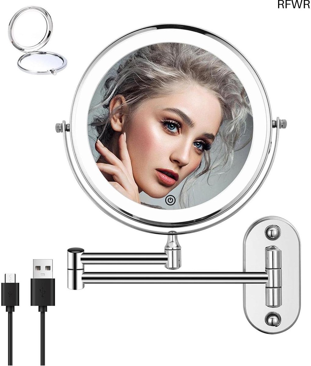 RFWR® Wandgemonteerde make-up spiegel met LED-verlichting en 360° draaifunctie - Verlichting in 3 kleuren, vergrotende spiegel 1X/10X