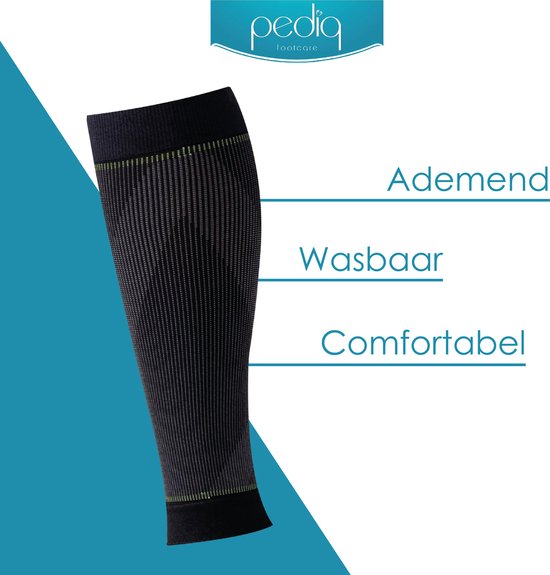 Zwarte compressiekous met een gemêleerd grijs patroon en gele accenten. Ademend, wasbaar en comfortabel.