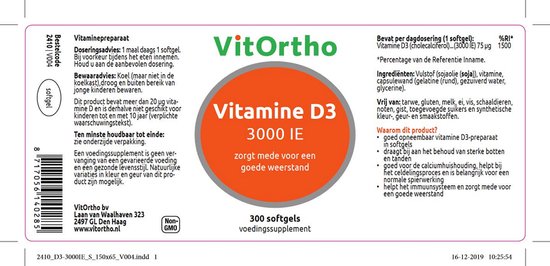 Fles met etiket met merknaam VitOrtho, vitamine D3 3000 IE, 300 softgels, voedingssupplement. Oranje cirkel met tekst 'zorgt mede voor een goede weerstand'.