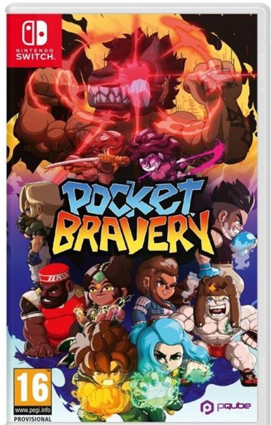 De cover van de Nintendo Switch game 'Pocket Bravery' met diverse geanimeerde vechters, waaronder een grote gespierde man bovenaan.