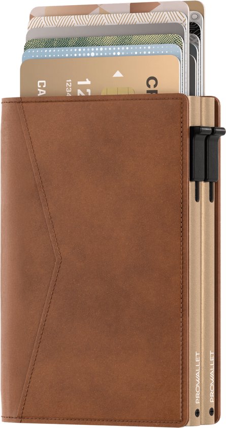 Prowallet Double – Cognac – Porte-cartes RFID pour 14 cartes et billets – Portefeuille avec porte-cartes coulissant – Pour hommes et femmes – Livré dans un coffret cadeau de luxe