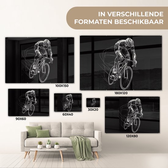 MuchoWow® Glasschilderij 120x80 cm - Schilderij acrylglas - Lijntekening - Wit - Wielrennen - Snelheid - Foto op glas - Muurdecoratie woonkamer - Wanddecoratie slaapkamer - Schilderijen