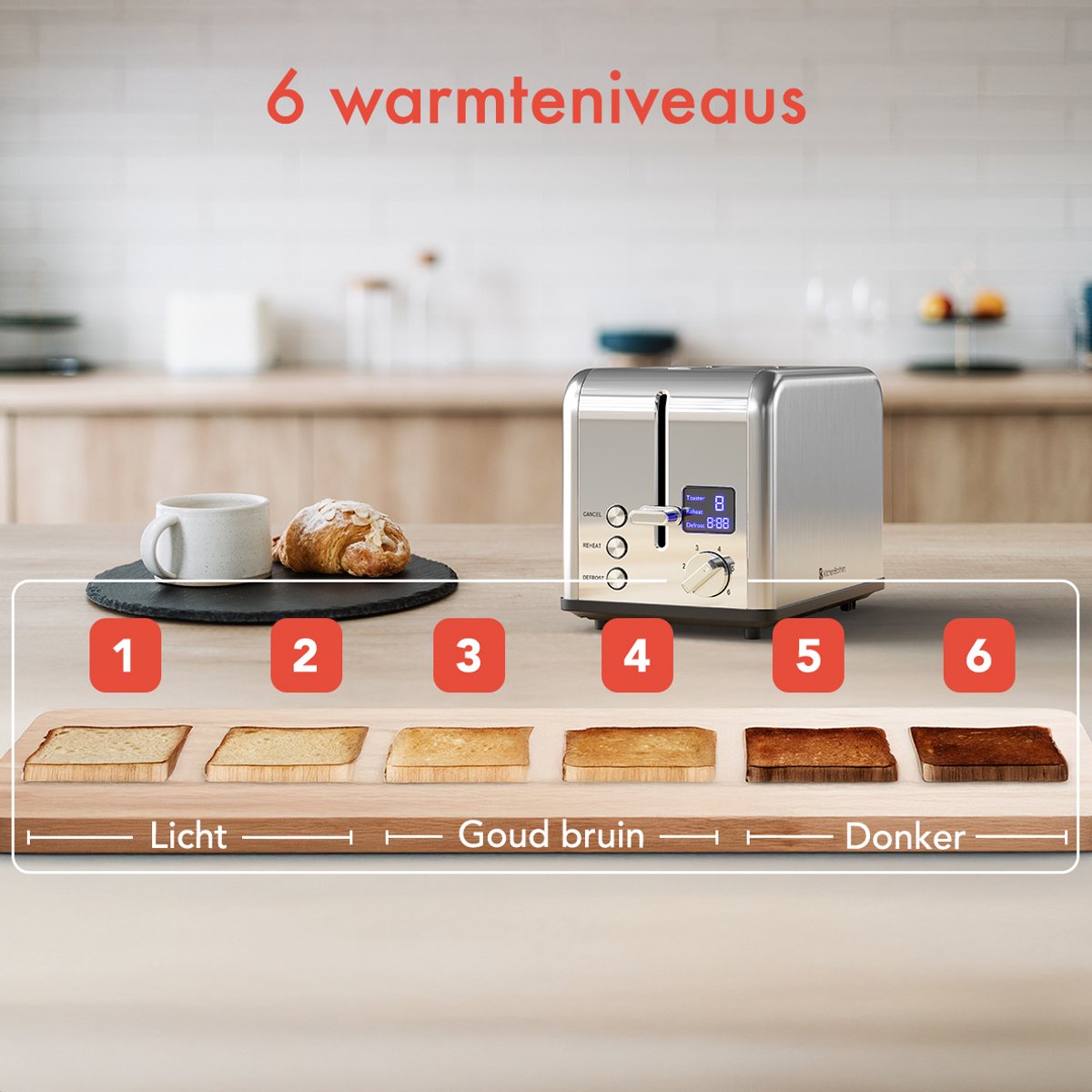 KitchenBrothers Broodrooster - Toaster - 6 Warmteniveaus - 2 Extra Brede Sleuven - BPA-vrij - 815W - RVS/Zilver thumbnail 3