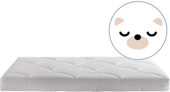 Wit matras met een cirkel met een illustratie van een slapende teddybeer erop.