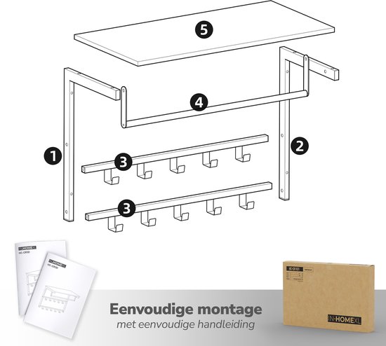 Explosietekening van een kapstok met vijf genummerde onderdelen: twee staanders (1,2), twee rijen haken (3), een staaf (4) en een plank (5). Twee handleidingen en een doos met productinformatie zichtbaar.