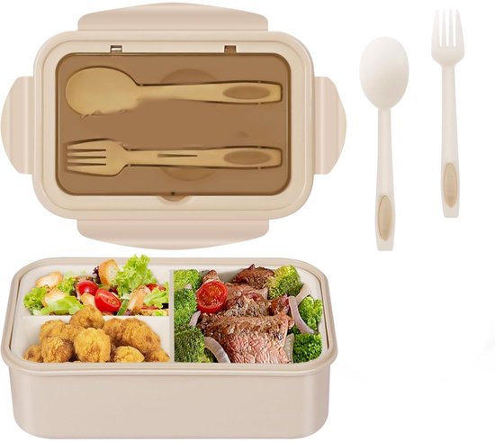 TOVBMUP Lunchbox - Bento Box - Lunchbox - Volwassene 1400ml - Met 3 compartimenten voor kinderen - Inclusief bestek - Magnetron- en vaatwasserbestendig, Lunchbox voor school, picknick, reizen - Khaki