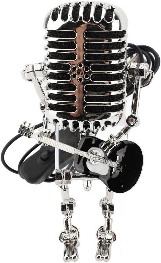 Foto: Inovra plus vintage microfoon robot bureaulamp met mini gitaar en nachtlampje in retro stijl voor home decor in zwart metaal aluminium 75 characters