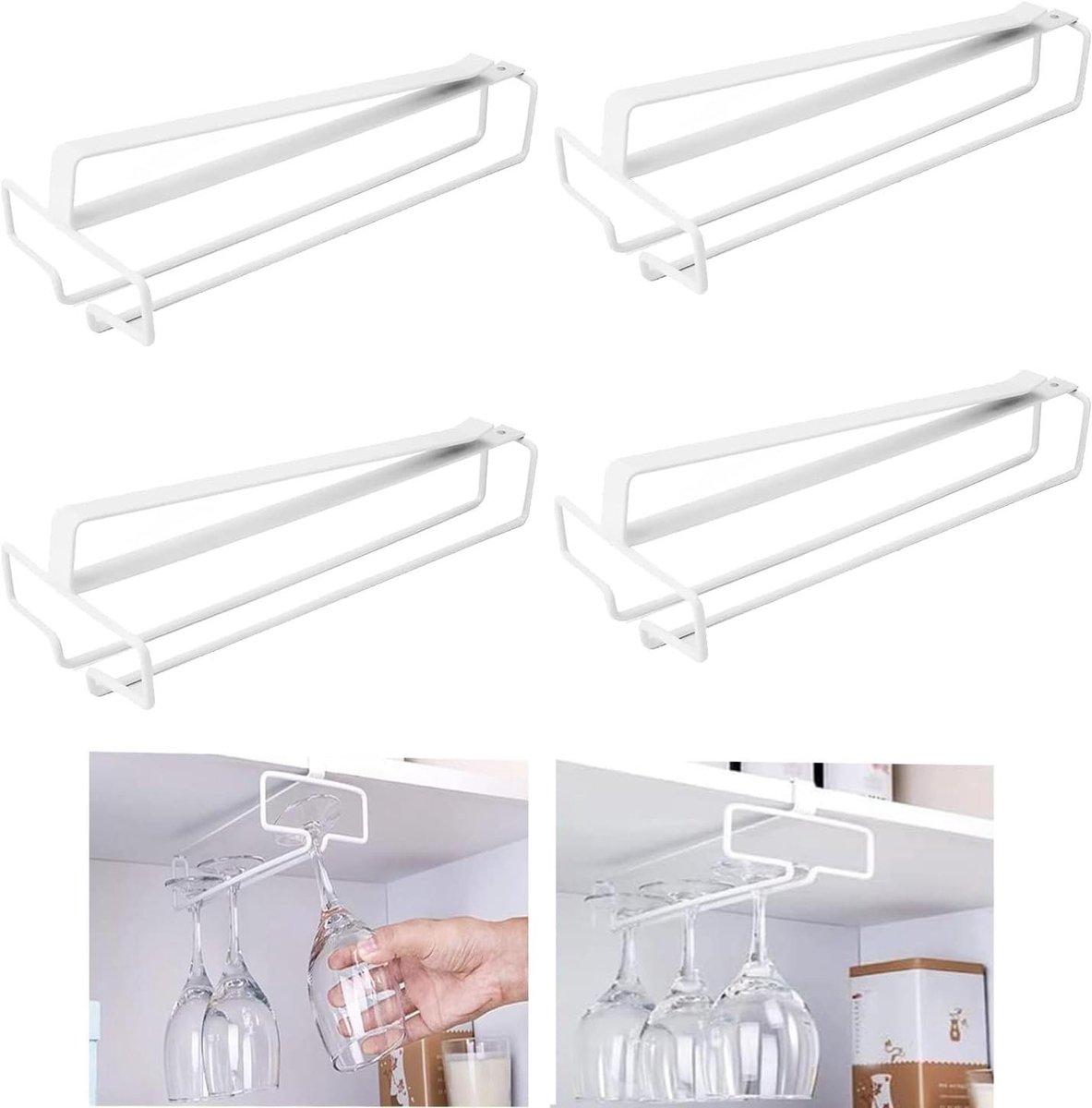 Allecto Plus - Hangende wijnglashouders, set van 4, roestvrij staal, 26 cm, wit - Glasophanging voor keuken, bar en restaurant