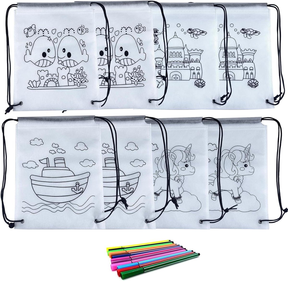 Allecto Plus - Rugzak om in te kleuren voor kinderen - DIY stoffen zakken - Graffititassen set - 8 stuks + 12 graffiti-pennen