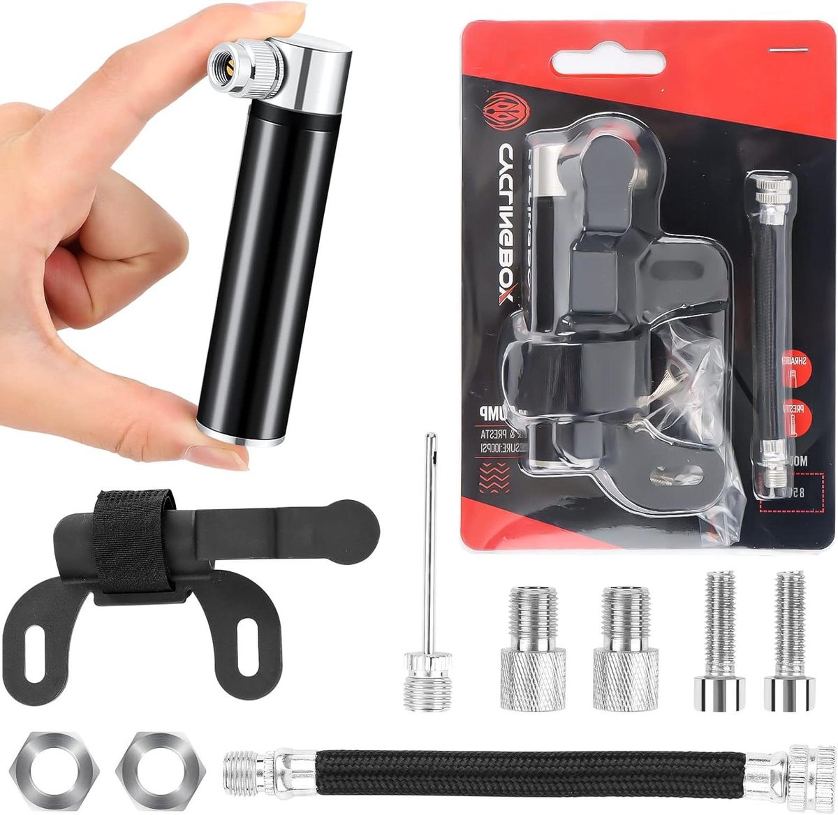 Allecto Plus Mini-fietspomp balpomp met flexibele slang voor snelle inflatie - Draagbare fietspompen voor alle fietsen - Compact en lichtgewicht - Geschikt voor Presta en Schrader-ventielen - Inclusief kogel- en ballonnaald