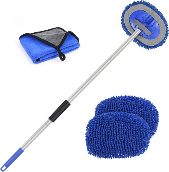 Foto: Autowasborstel met lange steel 63 inch aluminium multifunctioneel 180 rotatie carwash mopset autowashulpmiddel met chenille koppen microvezeldoek auto reinigingsborstel