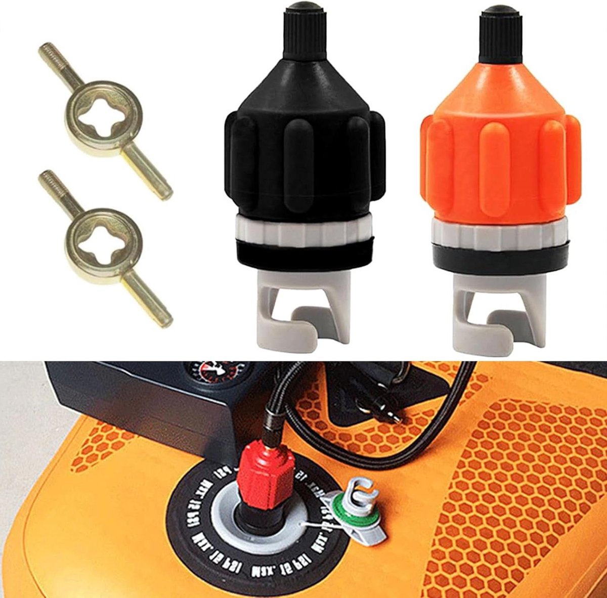 Allecto Plus - Luchtpompadapterset voor Paddleboards en Kano's - Inclusief ventielkernsleutels - Compressoradapter - Opblaasboot accessoires