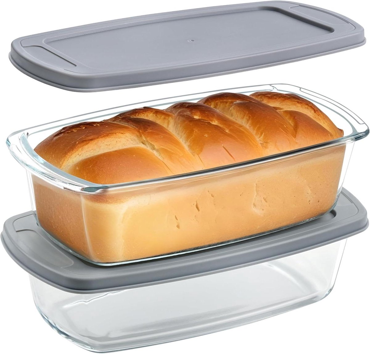 Inovra Plus - Glazen Broodbakvorm 1.8 L (2 stuks) - Grote Broodpan met Plastic Deksel en Handvatten - Magnetron, Vriezer en Vaatwasserbestendig - BPA-vrij - Glazen Bakplaat voor Brood bakken.