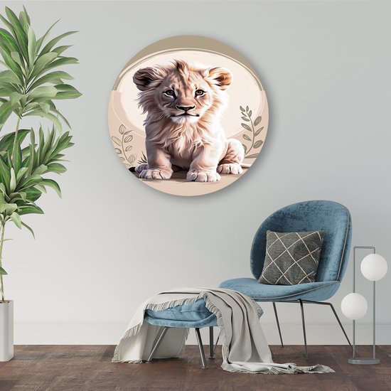 Schattige leeuwenwelp digitale kunst - Leeuw wanddecoratie rond - Ronde wandprint welp - Digital Art - Wandobject Forex rond - Kunstwerk - muurcirkel forex 90x90 cm