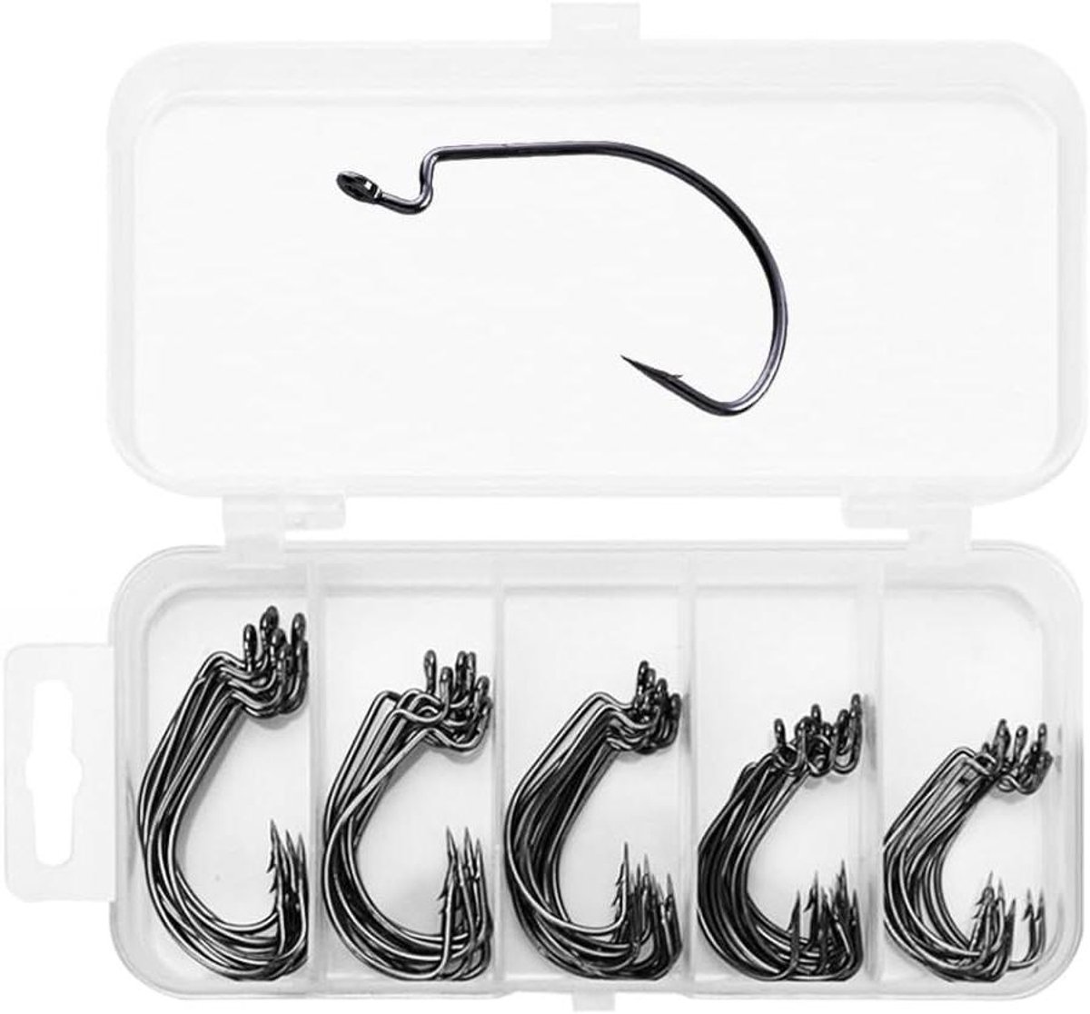 Allecto Plus - Offset haken set: 50 stuks diverse maten worm jighaken, inkl. kunststof dozen. Gemaakt van koolstofstaal voor zacht aas. Jigging vishaken voor visaccessoires.