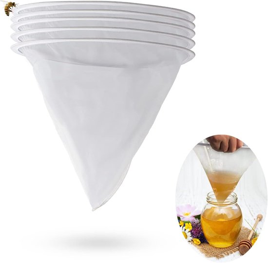 Lot de 5 sachets filtrants pour miel, filtre à miel, filtre à mailles en fibre, filtre en nylon, tamis à miel, filtre à mailles 120, filtre à miel conique, fournitures d'apiculture, 34 x 34 x 43,5 cm