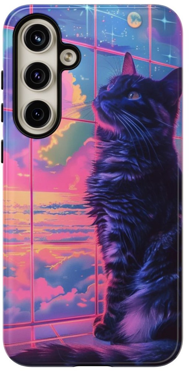 Lofi Vaporwave Kat met Neonlucht – Telefoonhoesje Geschikt voor Samsung Galaxy S24 Plus