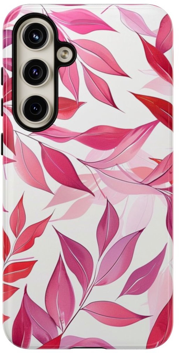 Roze en Rode Bladerenpatroon – Telefoonhoesje Geschikt voor Samsung Galaxy S24 Plus