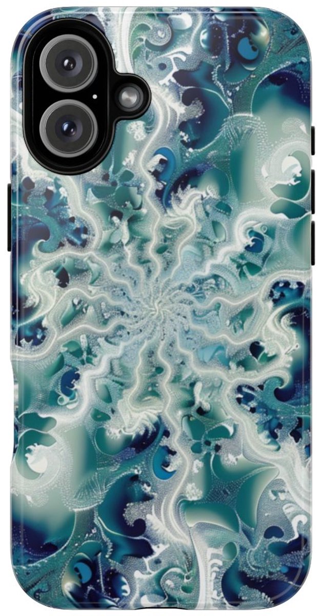 Blauw-Groene Fractalwerveling met Glans – Telefoonhoesje Geschikt voor iPhone 16 Plus