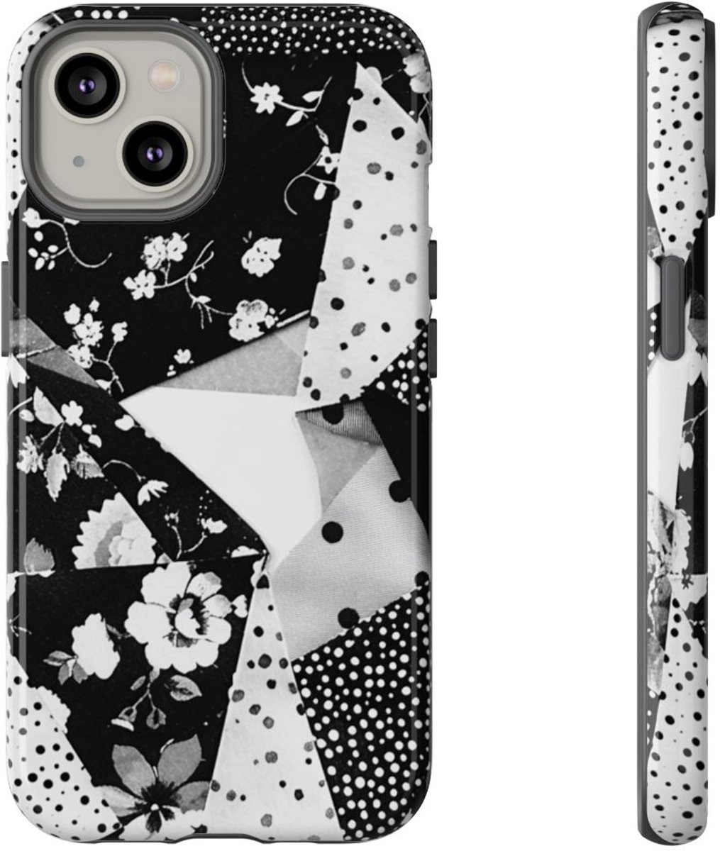 Monochrome Bloemen- en Polkadot Patchwork – Telefoonhoesje Geschikt voor iPhone 14