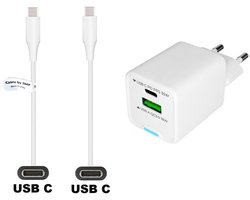 OneOne 35W super snellader met 2 poorten. Oplader met sterke 1,5m USB C naar C kabel. PD lader adapter past op Samsung Galaxy F42, M10s, M11, Z, Tab A9, Tab S3, Tab S4, Tab S5e, Tab S6, Tab S7, Tab S8 (Lite, FE, Plus, Ultra)