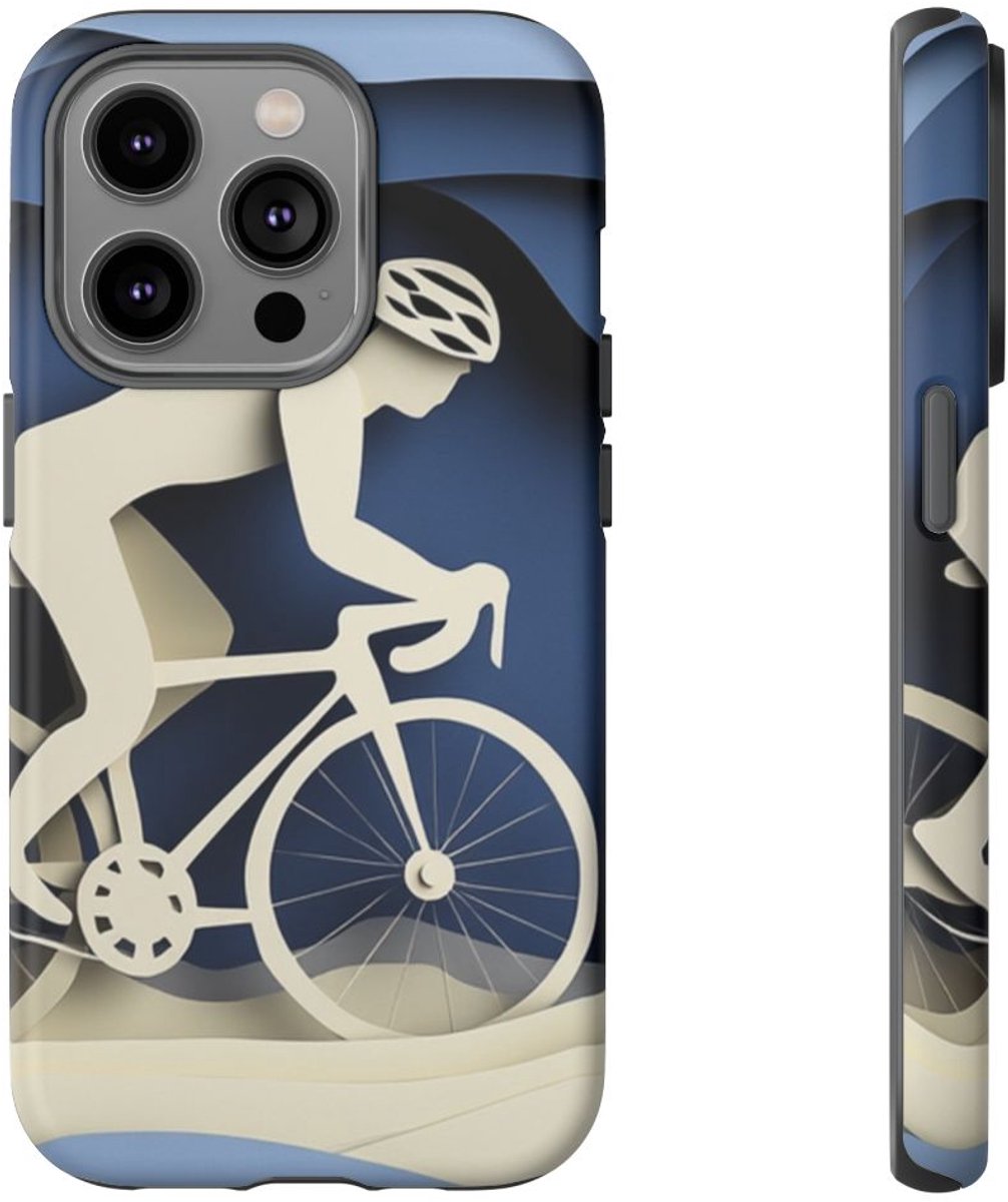 Papieren Fietser op Blauwe Heuvels – Telefoonhoesje Geschikt voor iPhone 14 Pro